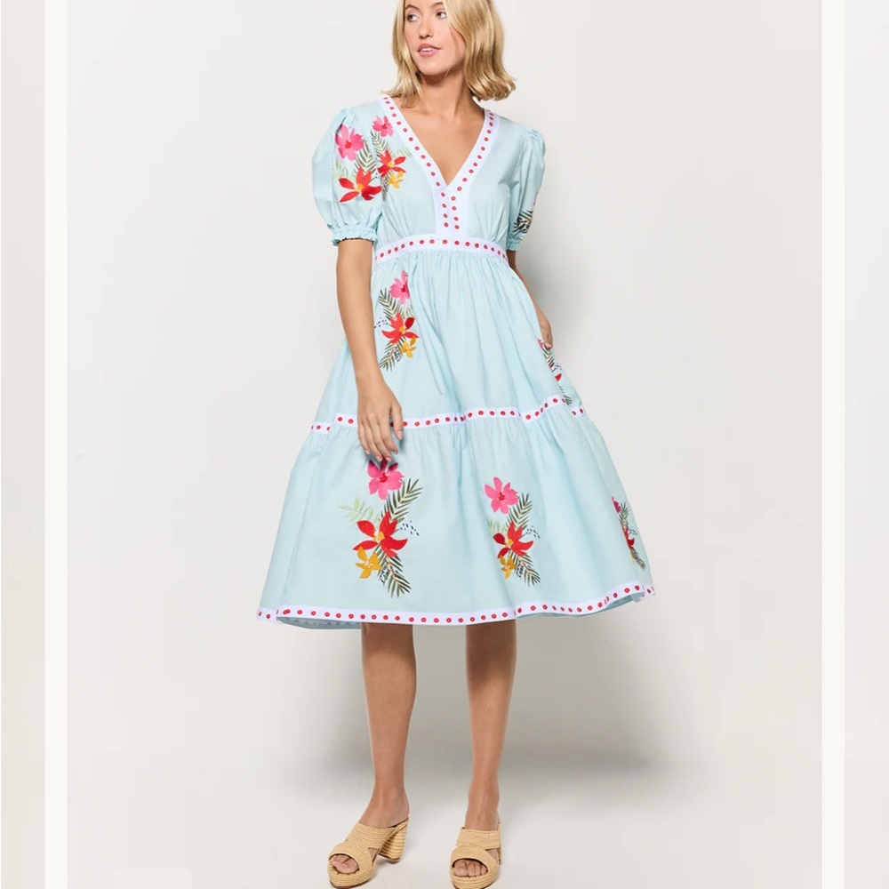 Fanm Mon Debora Dress Midi Floral Embroidered Light Lagoon Blue Small NWT